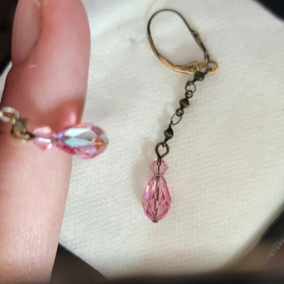 Vintage Pink Glass Earrings 2 Inch Bronze Dangle Boho Jewelry - Picture 8 of 8